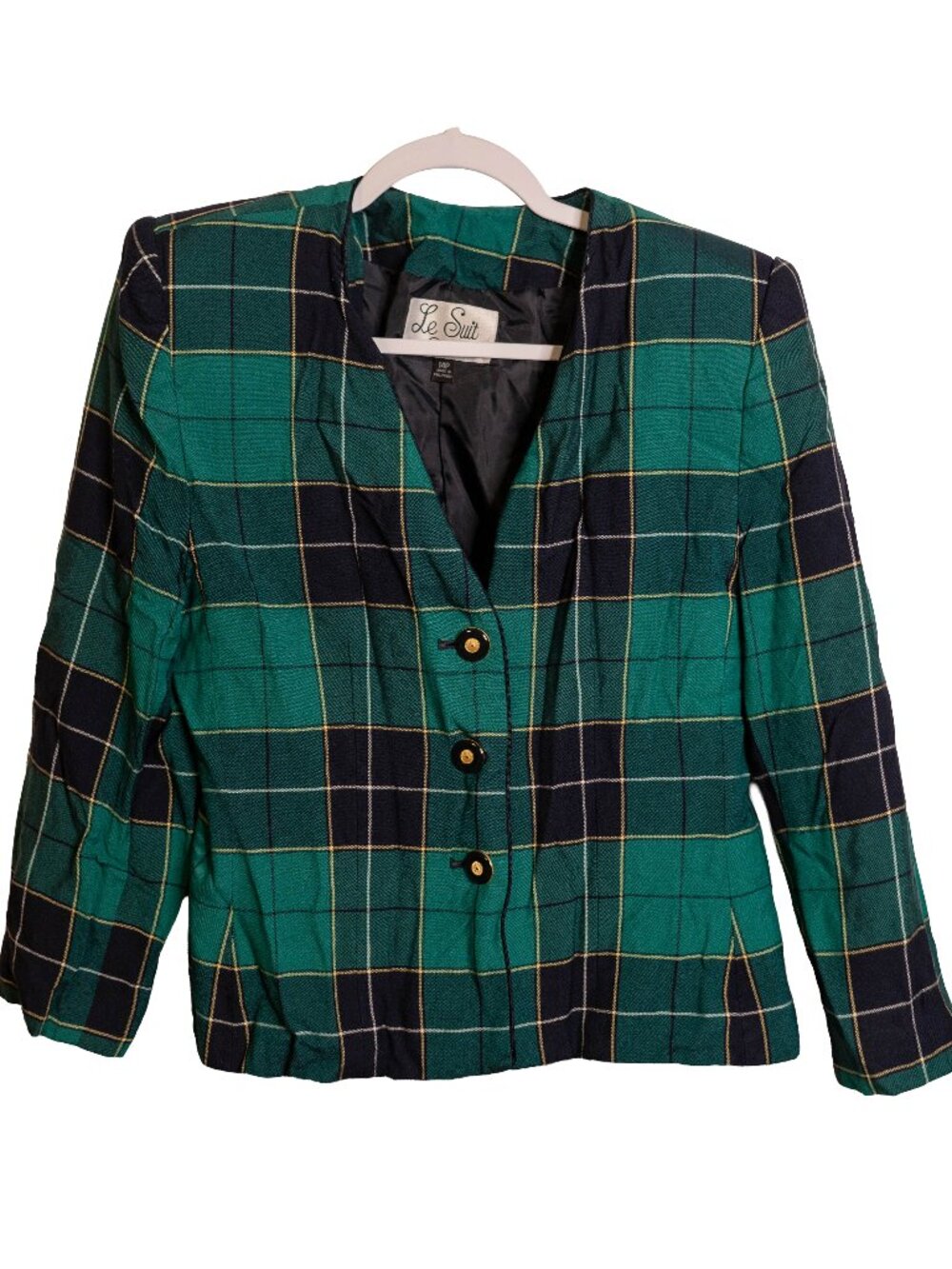 Vintage Le Suit Petite Green & Black Plaid Blazer - 80s 90s - Size MP